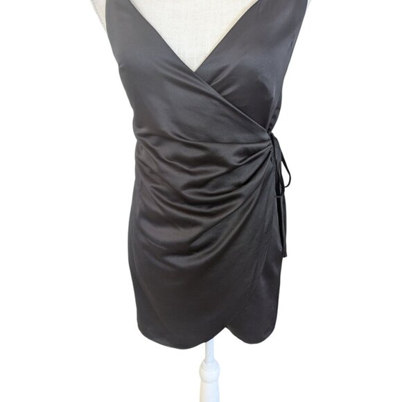 Topshop Black Satin Wrap Mini Dress Spaghetti Strap Size 2 - Picture 3 of 5